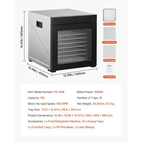 VEVOR Dörrgerät Dörrautomat 10 Edelstahlschalen, elektrischer 1000 W Futtertrockner mit einstellbarer Temperatur, Gefriertrockner für Trockenfleisch Fleisch Obst Gemüse Kräuter Hundeleckerlis – Bild 6