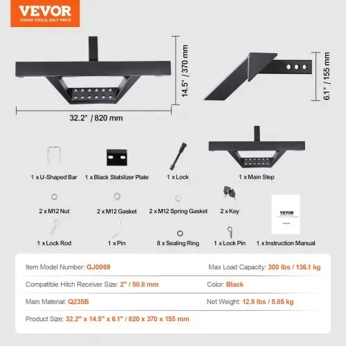 VEVOR Anhängerkupplungsstufe für 2-Zoll-Empfänger, robuste Stahlkonstruktion mit 300 Pfund Tragkraft, Heckstoßstangenschutz mit Stiftverriegelung und Stabilisator, universelle Passform für LKW, SUV, Pickup, Anhänger – Bild 6