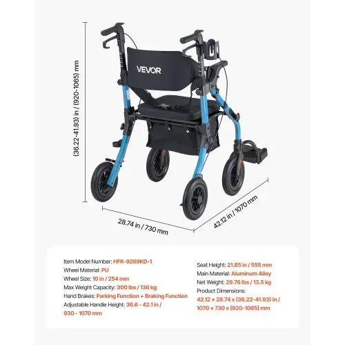 VEVOR 2-in-1 Rollator Faltbar mit Sitz, Leichter Gehwagen mit Reifen, Gehhilfe bis 136 kg mit Rückenlehne Tasche Gehstockhalter, Höhenverstellbare Laufhilfe mit Feststellfunktion für Senioren, Blau – Bild 6