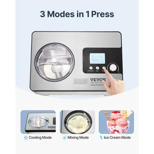VEVOR Kompressor Eismaschine Eiscrememaschine 2 L, 180 W Frozen Joghurtbereiter Speiseeismaschine 3 Modi Joghurtmaschine Haushalt, Tragbare Eismaschine Sorbet Gelato Geräuscharm Silber Elektrisch – Bild 3