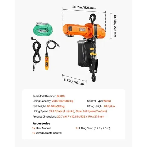 VEVOR Elektrischer Kettenzug 1000 kg, 6 m Hubhöhe, 230 V Einphasen-Brückenkran mit 4,5 m Kabelfernbedienung, G100-Kette, Notstopp, Elektrokettenzug für Fabriken, Lagerhallen, Garagen – Bild 6