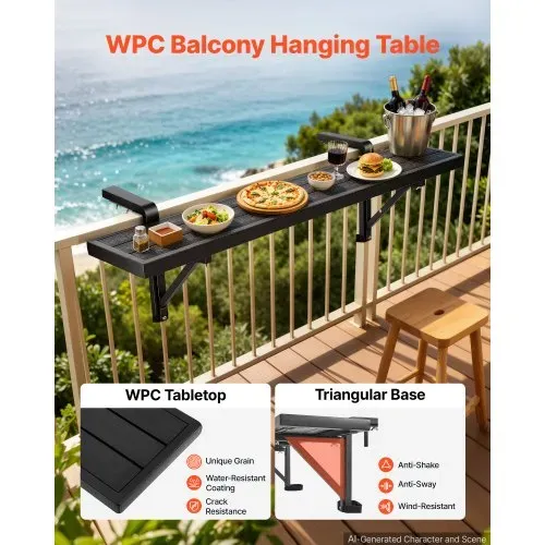 VEVOR Balkonhängetisch 1245x240 mm Hängetisch 27 kg Balkontisch Schwarz, für Terrasse, Garten, Deck, Passend für 25–65 mm Geländer, Verstellbarer Halterungsabstand, Holz-Kunststoff-Verbundmaterial – Bild 4