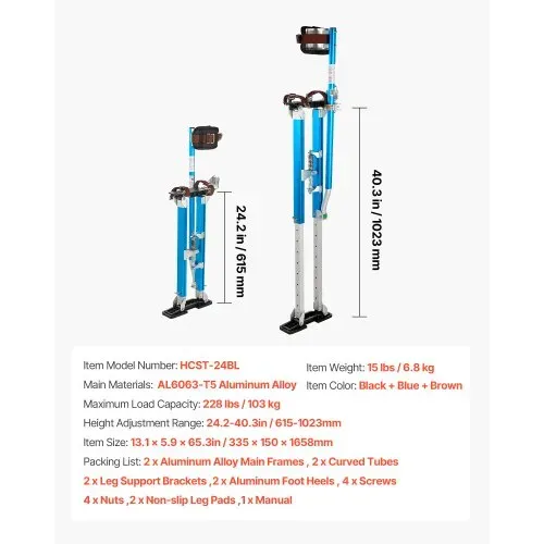 VEVOR Trockenbau-Stelzen 615-1023mm, 103kg Belastbare Arbeitsstelzen mit Doppelten Federn Rutschfesten Fußplatten & Spanngurt, Verstellbare Aluminiumstelzen für Trockenbau Deckenbau Baustelle, Blau – Bild 6