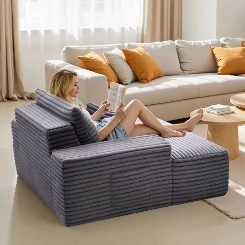 VEVOR Chaiselongue Relaxliege 138 cm, gepolstertes Schlafsofa mit Dekokissen & Armlehnen, Schlafcouch mit tiefer Sitzfläche für Wohnzimmer Schlafzimmer, Loungesessel aus hochelastischem Schwamm – Bild 7