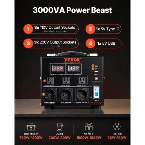 VEVOR 3000W Spannungswandler Transformator AC 110V⇋220V Transformer Wandler 3 US NEMA 5-15R 3-polige Ausgangssteckdosen, 3 europäische Shucko-Ausgangssteckdosen, 1 USB-Buchse und 1 Typ-C-Buchse VEVOR 3000W Spannungswandler Transformator AC 110V⇋220V Transformer Wandler 3 US NEMA 5-15R 3-polige Ausgangssteckdosen, 3 europäische Shucko-Ausgangssteckdosen, 1 USB-Buchse und 1 Typ-C-Buchse