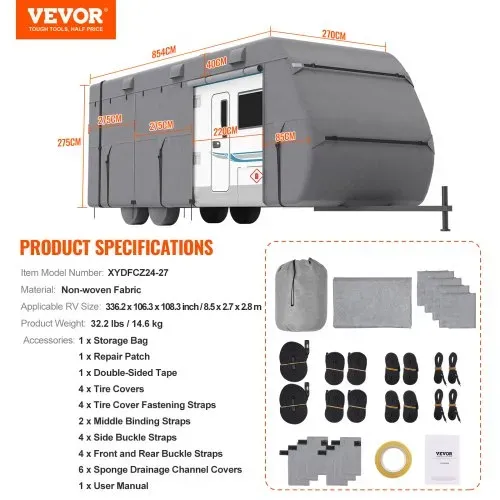 VEVOR Wohnwagen-Schutzhülle für 7,3-8,2 m Wohnwagen, Wohnwagenabdeckung aus Vliesstoff wasserdicht Winddicht, Universal-Wohnwagenhülle mit Aufbewahrungstasche, Reparaturflicken, Gurten, Klebeband – Bild 5