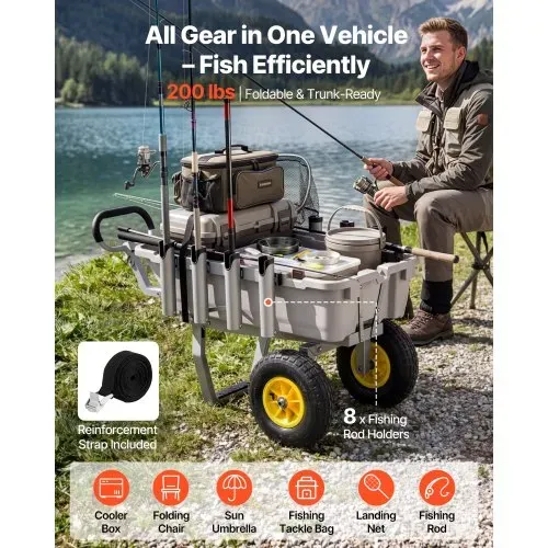 VEVOR Angelwagen Faltbar, 90,7kg Belastbarer Bollerwagen mit 2 All-Terrain-Gummireifen, Transportwagen mit Alugestell 8 Rutenhaltern, Multifunktionale Transportkarre für Angeln Camping Strand Outdoor – Bild 3