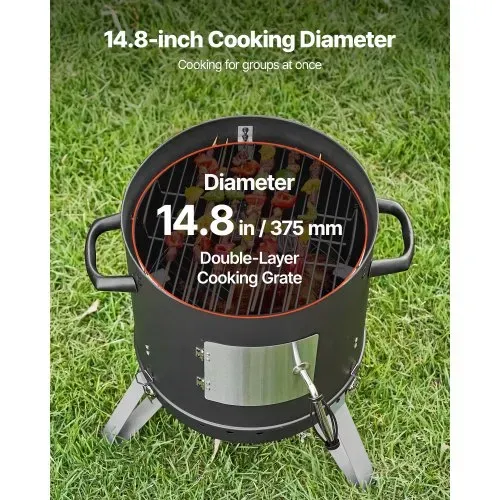 VEVOR Räuchertonne, 40 cm vertikaler Holzkohlegrill, beschichteter Stahlgrill mit 2 Grillrosten, Thermometer, Lüftungsöffnungen & herausnehmbarer Ascheschale, BBQ Räucherofen für Grillpartys – Bild 2