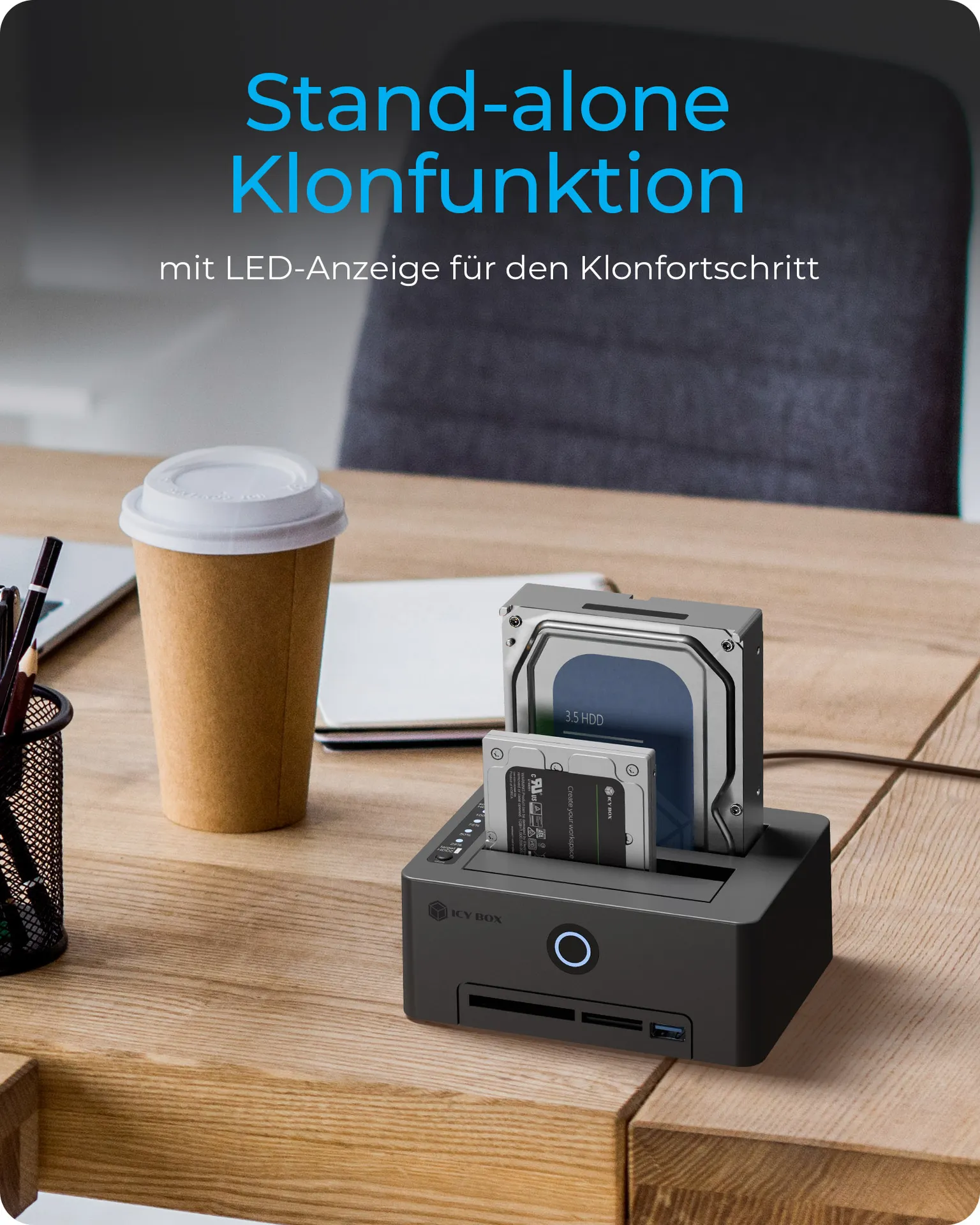 ICY BOX IB-1233CL-CR, HDD Docking & Klonstation mit Kartenlesern CF + SD und USB Hub, USB 3.2 Gen1 (5 Gbit/s) – Bild 3