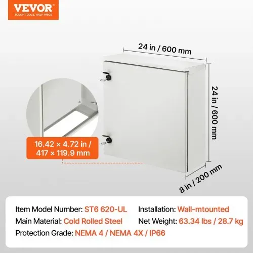 VEVOR Schaltschrank Elektrogehäuse, 600x600x200 mm, NEMA 4 Außengehäuse, IP66 wasser- & staubdicht, Kohlenstoffstahl, Klappanschlussdose für Innen- & Außenbereich, mit Regenschutzhaube – Bild 6