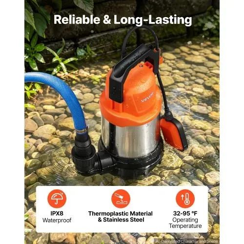 VEVOR Tauchpumpe 750 W 20.000 L/h 9 m Förderhöhe Wasserpumpe Ideal für Pools, Keller & Teiche, Automatischer Schwimmerschalter, Thermoplastisches Material & 3 m Netzkabel, Wasserdicht nach IPX8 – Bild 3