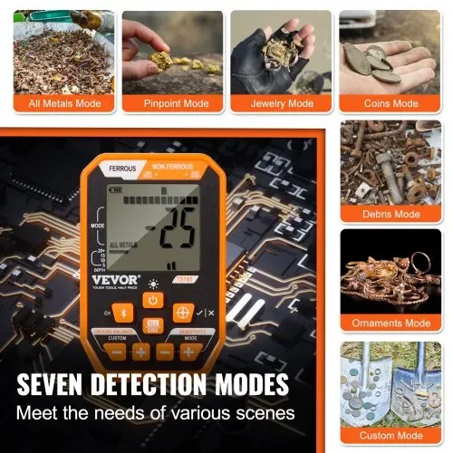 VEVOR Profi Metalldetektor 7 Modi Metallsuchgerät 30,5cm Suchspule IP68 Tauchtiefe bis zu 3m Goldsucher mit verstellbarem Griff Golddetektor inkl. Bluetooth-Headset Präzisions-Ortungsgerät – Bild 4