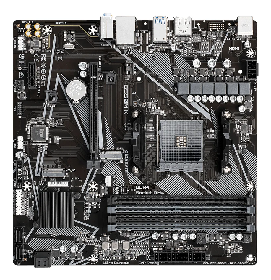 GIGABYTE B550M K Mainboard – AMD Ryzen 5000 CPUs, bis zu 4733 MHz DDR4, 1xPCIe 4.0 + 1xPCIe 3.0 M.2, 1GbE LAN, USB 3.2 Gen 1 – Bild 4
