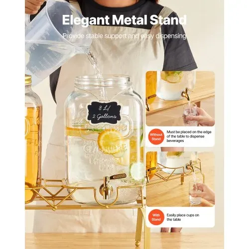 VEVOR Getränkespender (2 x 8 L) für Partys Saftspender (aus Glas) mit tropfsicherem Zapfhahn & Metallständer Wasserspender für Restaurants Partys, Limonade Eistee selbstgemachte Getränke Spender – Bild 4