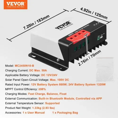 VEVOR 50A 12V 660W / 24V 1320W MPPT Solarladeregler Solarregler Solarmodul Laderegler mit TTL-Kommunikationsschnittstelle Kompatibel mit Deep-Cycle-Batterien wie AGM-, Gel-, Flut- und Lithiumbatterien – Bild 6
