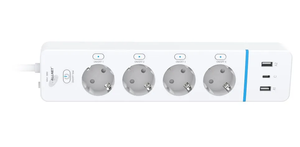 ALLNET ESP32 WiFi Schaltsteckdosenleiste ALL3079-4 Smart Plug 4Fach Steckdosenleiste / 2x USB-A & 1x USB C Ladefunktion ALLNET ESP32 WiFi Schaltsteckdosenleiste ALL3079-4 Smart Plug 4Fach Steckdosenleiste / 2x USB-A & 1x USB C Ladefunktion