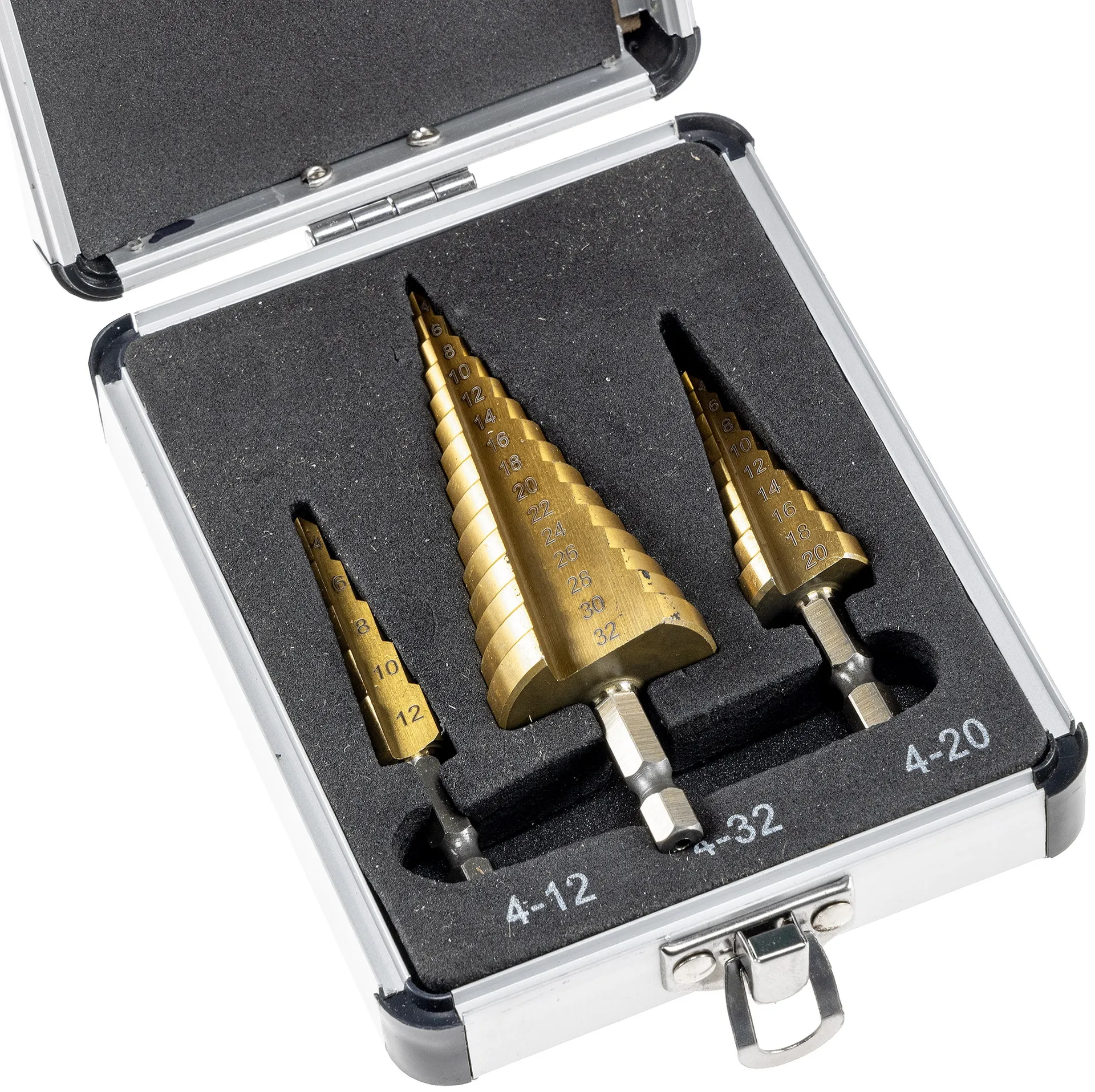 Stufenbohrersatz 3-teilig, 10mm Schaft 4-12mm / 4-20mm/ 4-32mm Stufenbohrersatz 3-teilig, 10mm Schaft 4-12mm / 4-20mm/ 4-32mm