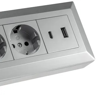 2-fach Steckdosenblock, USB-A+C, silber 250V~/ 16A, Aufbaumontage, USB 3,1A, PD 2-fach Steckdosenblock, USB-A+C, silber 250V~/ 16A, Aufbaumontage, USB 3,1A, PD