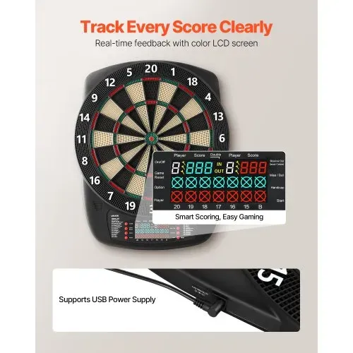 VEVOR Elektronische Dartscheibe, 342,9 mm E-Dartboard mit 43 Spielen & über 200 Variationen für bis zu 8 Spieler, 6 Dartschäfte mit Flights & 50 Ersatz-Pfeilspitzen, Farb-LCD-Punkteanzeige – Bild 3