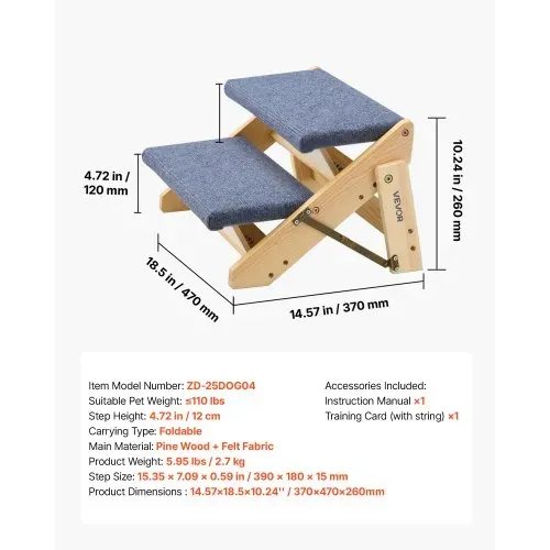 VEVOR Hundetreppe 370x470x260 mm, 2-stufige Hautiertreppe, klappbare Holztreppe geeignet für kleine, mittlere, große, ältere Haustiere sowie Welpen bis 50 kg, Hundeleiter für Betten, Sofas & Autos – Bild 6