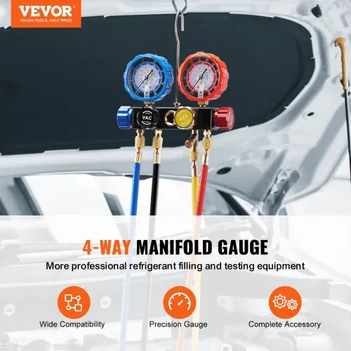 VEVOR Kältemittel Manometer 4-Wege Auto Kältemittel Verteiler Messgeräteset, R134A-R12-R410A-R22 AC 4 Stk. 1524 mm Ladeschläuche Kältemittel Manifold Messgerät AC-Diagnosewerkzeuge Autoklimaanlagen VEVOR Kältemittel Manometer 4-Wege Auto Kältemittel Verteiler Messgeräteset, R134A-R12-R410A-R22 AC 4 Stk. 1524 mm Ladeschläuche Kältemittel Manifold Messgerät AC-Diagnosewerkzeuge Autoklimaanlagen