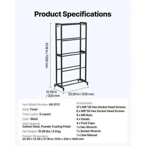 VEVOR Filament Lagerregal für 3D-Drucker, 5 Ebenen, Filamentspulenhalter, 635 x 320 x 1300 mm Tragkraft 45,3 kg pro Ebene, 3D-Druckerzubehör Organizer für 3D-Druckstudio, Werkstatt, Schwarz – Bild 6