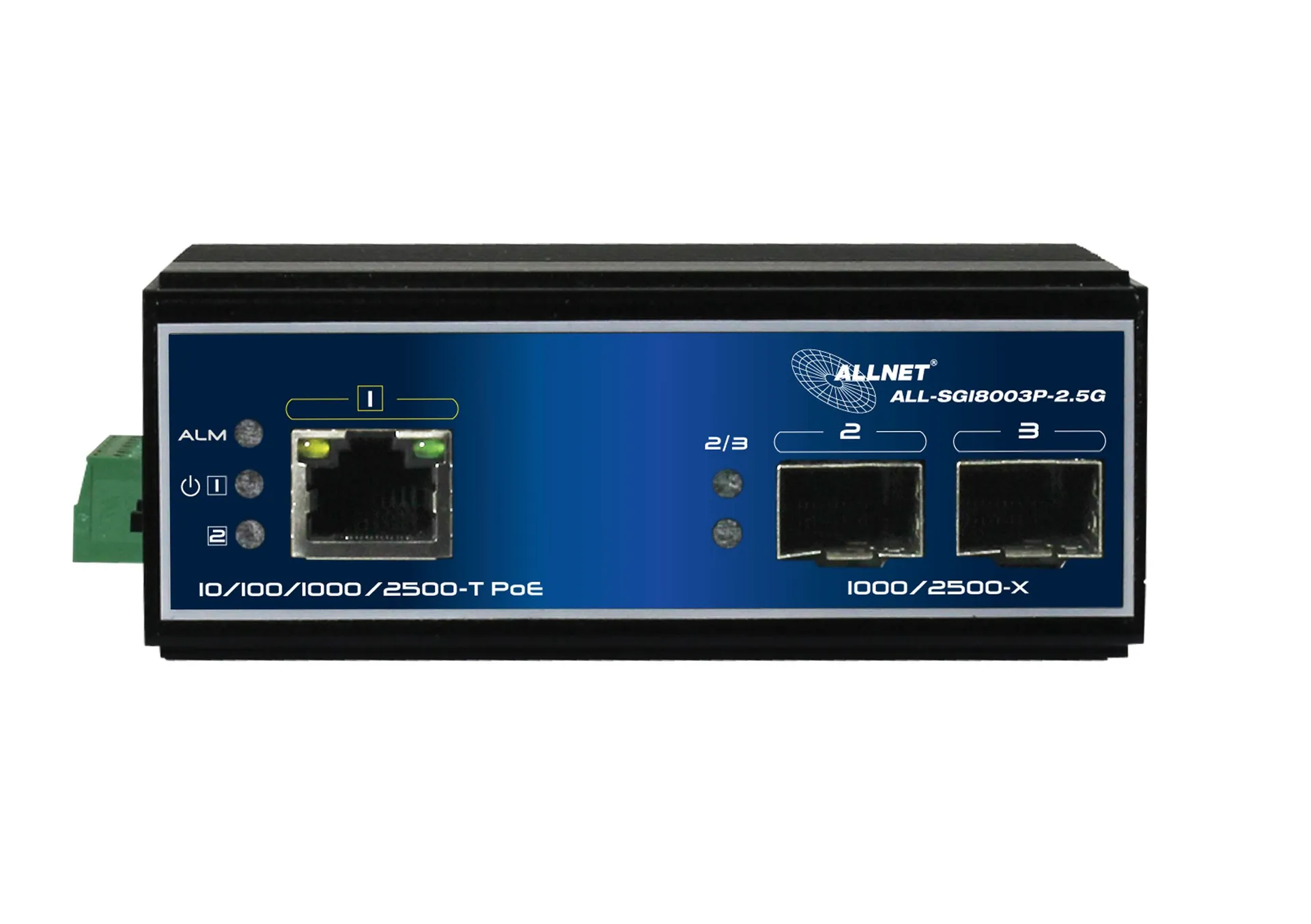 ALLNET Switch industrial unmanaged Layer2 3 Port 2.5 GbE • PoE Budget 90W • 1x PoE bt • 2x SFP 1G/2.5G • Lüfterlos • DIN • IP40 • ALL-SGI8003P-2.5G – Bild 4