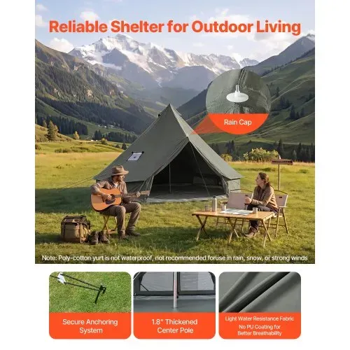 VEVOR Canvas-Glockenzelt, 3 m Jurte, 4 Jahreszeiten, mit Ofenrohrdurchführung, bis zu 3 Personen, mit Abnehmbarem Boden (Reißverschluss), ideal für Familien-Camping & Outdoor-Aktivitäten, Grün – Bild 3
