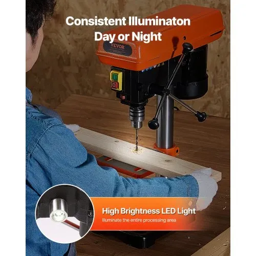 VEVOR 203,2 mm Tischbohrmaschine, 500 W Induktionsmotor, Säulenbohrmaschine mit 500 bis 2500 U/min einstellbarer Drehzahl, 0–45° neigbarer Arbeitstisch, LED, Standbohrmaschine für Holzmetall – Bild 3