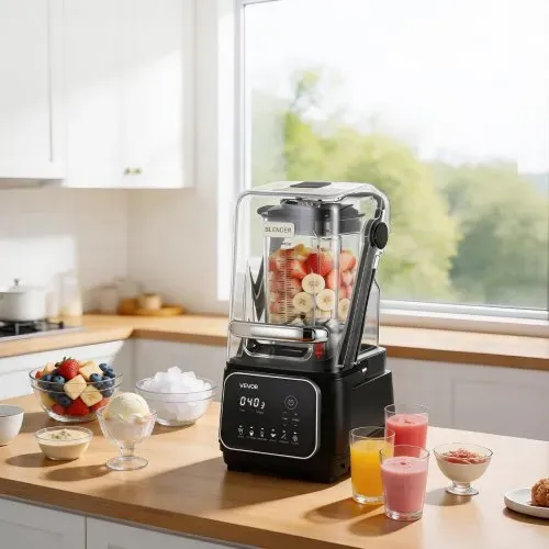 VEVOR Standmixer 2 L Smoothie Mixer mit Schutzabdeckung 2200 W Crushed Ice Maker mit Selbstreinigungsfunktion Einstellbarer Drehzahl 6 Voreingestellte Programme Smoothies Eiscrushing Pürees Schwarz – Bild 7