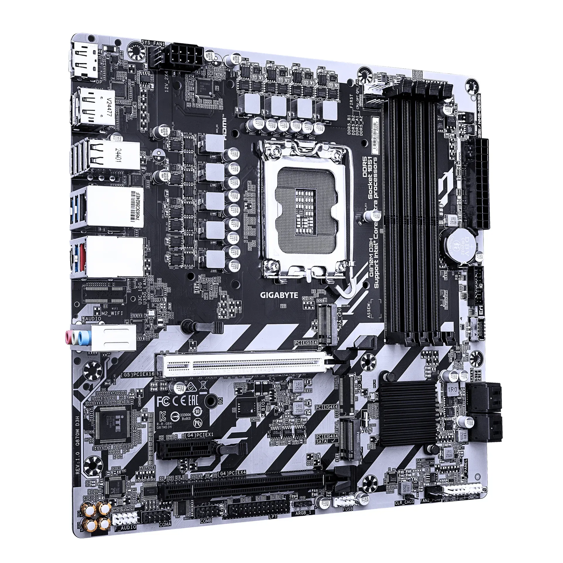 GIGABYTE Q870M D3H Mainboard – Intel Core Ultra (Serie 2) CPUs, 4+1+2-Phasen-VRM, bis zu 6400 MHz DDR5 (O.C), 2× PCIe-4.0-M.2, 2.5-GbE-LAN, USB 3.2 Gen 2 – Bild 3