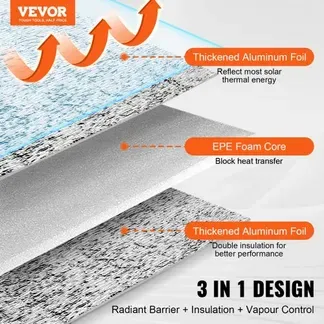 VEVOR Doppelt reflektierende Isolierrolle, Strahlungsbarriere mit Schaumstoffkern, 3,2 mm, 48 Zoll x 100 Fuß, doppelseitiges wärmereflektierendes Schild aus Aluminiumfolie und EPE-Schaum, Wärmedämmrolle für Fenster und Wohnmobildächer VEVOR Doppelt reflektierende Isolierrolle, Strahlungsbarriere mit Schaumstoffkern, 3,2 mm, 48 Zoll x 100 Fuß, doppelseitiges wärmereflektierendes Schild aus Aluminiumfolie und EPE-Schaum, Wärmedämmrolle für Fenster und Wohnmobildächer