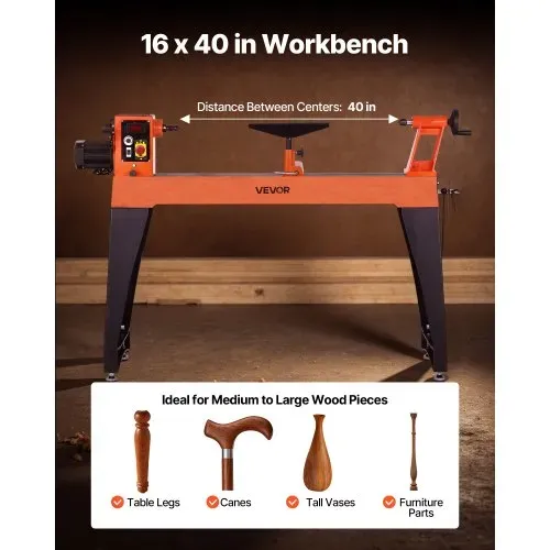 VEVOR Drechselbank, 1,5 PS, Drechselmaschine mit variabler Drehzahl von 0 bis 3200 U/min, Drehtischmaschine 406x1020 mm Werkbank, Drehbank, für mittlere bis große Holzbearbeitungsprojekte – Bild 2