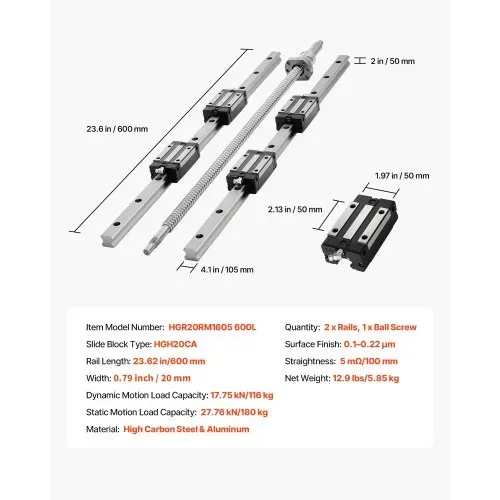 VEVOR Linearführungen, HGR20, 2er-Pack 600 mm Linearschienen, 1x Kugelumlaufspindel, 4x. Gleitblöcke, mit BF12/BK12 Endstütze, Kupplung & Muttergehäuse, für DIY-CNC-Fräsmaschinen & Drehmaschinen – Bild 6