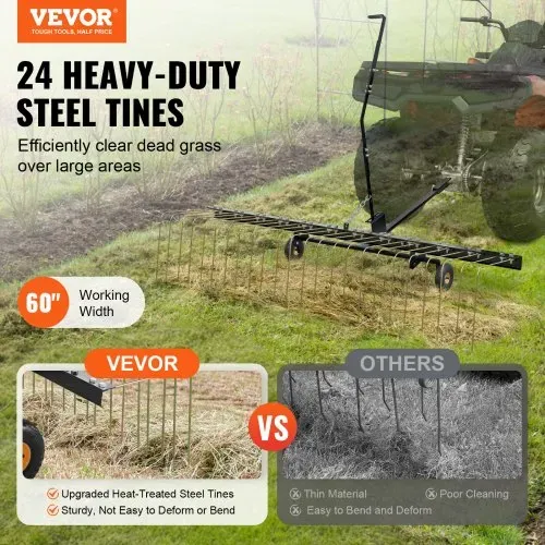 VEVOR Vertikutierer, 60-Zoll-Vertikutierer mit 24 Stahlzinken, Rasenvertikutierer für ATV oder Mäher, Rasenrechen mit Hebegriff für Laub, Tannennadeln und Gras VEVOR Vertikutierer, 60-Zoll-Vertikutierer mit 24 Stahlzinken, Rasenvertikutierer für ATV oder Mäher, Rasenrechen mit Hebegriff für Laub, Tannennadeln und Gras