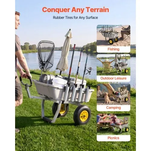 VEVOR Angelwagen Faltbar, 90,7kg Belastbarer Bollerwagen mit 2 All-Terrain-Gummireifen, Transportwagen mit Alugestell 8 Rutenhaltern, Multifunktionale Transportkarre für Angeln Camping Strand Outdoor – Bild 5