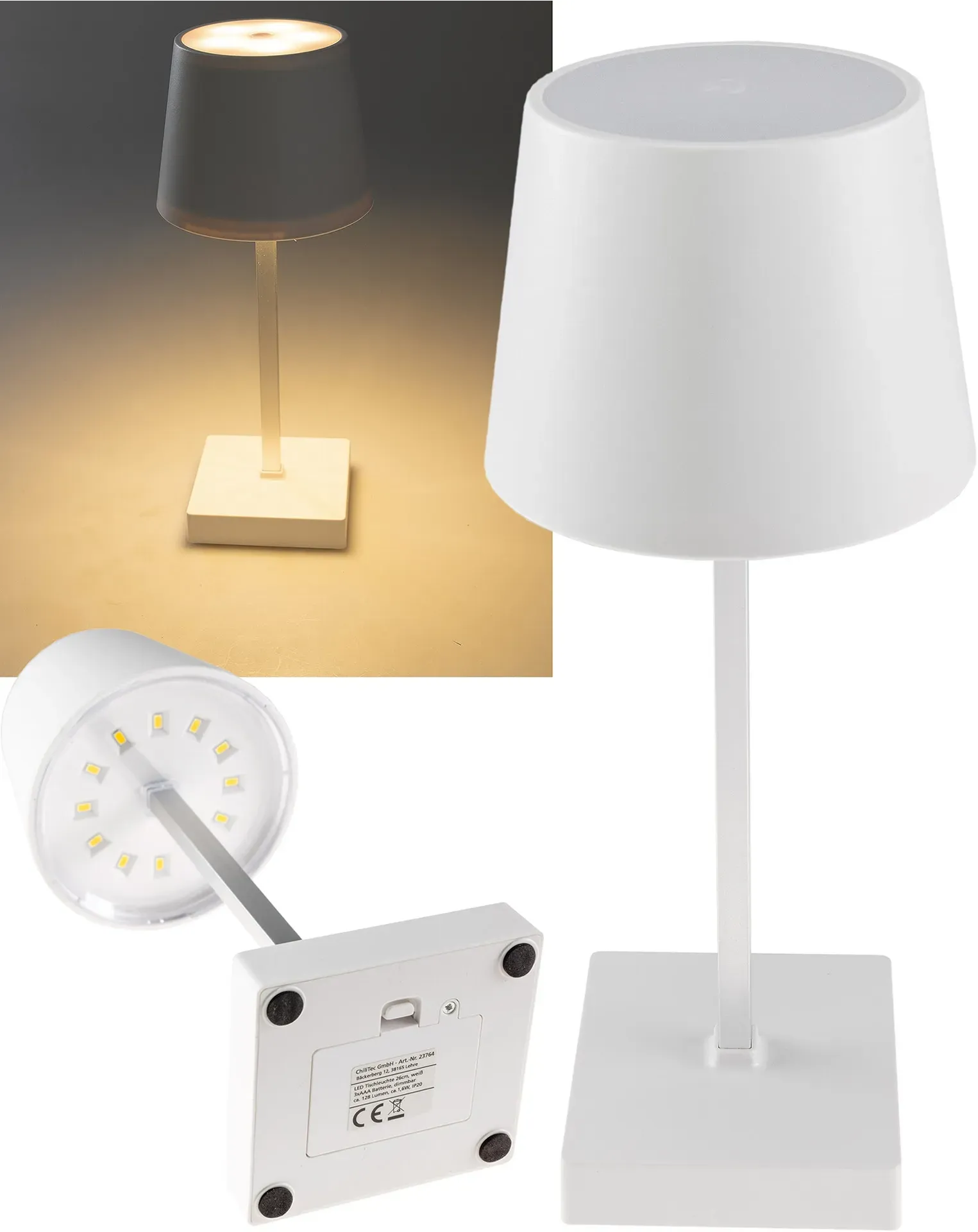 LED Tischleuchte 26cm, Weiß 3xAA A Batterie, dimmbar, Licht warmweiß LED Tischleuchte 26cm, Weiß 3xAA A Batterie, dimmbar, Licht warmweiß