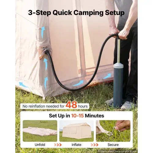 VEVOR Aufblasbares Zelt Luftzelt 5-8 Personen mit Pumpe & Sonnendach Beige, für Outdoor-Aktivität Wasserabweisendes 420D Oxford-Gewebe mit Dachfenster Ofenrohrdurchführung & Netzfenster Windstabil – Bild 3