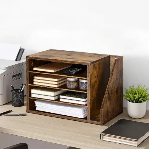 VEVOR Briefablage mit 4 Fächern & Herausnehmbaren Regalböden, Dokumentenablage aus Holz mit Stehsammler, Aktenhalter für Büro Klassenzimmer, Literaturorganizer für Akten Dokumenten Papier, Braun – Bild 7
