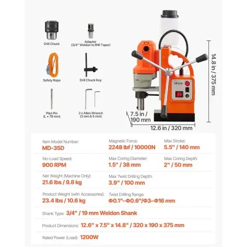 VEVOR Magnetbohrmaschine 1200 W 38 mm Bohrdurchmesser, 10000 N Power Mag Bohranlage, 900 U/min Drehzahlen mit Weldonschaft & effizienter Kühlung, für Metalloberflächen Industrie Heimwerker – Bild 6