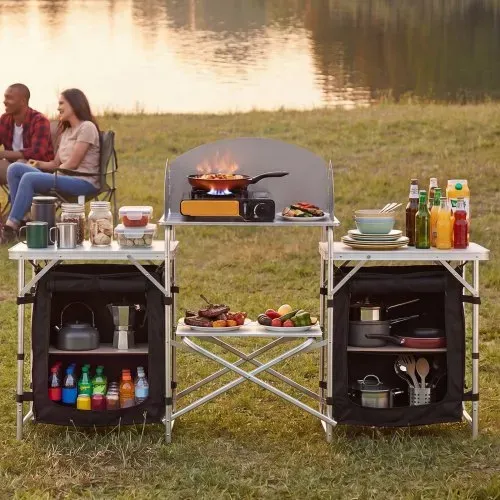 VEVOR Klappbare Campingküche, Campingschrank mit 2 MDF-Beistelltischen, Abnehmbarem Windschutz für den Kocher, 2 Stauräumen & X-förmigen Beinen, Camping-Küchenstation für Picknick, Grillen & Reisen – Bild 7