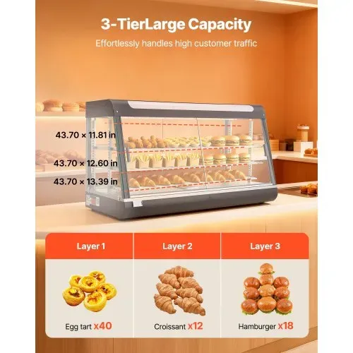 VEVOR 3-stöckige Wärmetheke 180 L, Warmhaltevitrine 1600 W, Warmhaltetheke 30–85 °C, Speisenwärmer mit LED-Beleuchtung & Verstellbaren Ablagen, Speisevitrine für Hamburger Pizza Brot Brathähnchen – Bild 4
