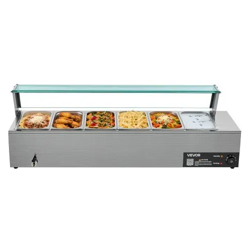 VEVOR kommerzieller Speisenwärmer (6 x 1/3 Größe Behälter), 1,5 kW elektrischer Wärmebehälter aus Edelstahl mit Glasabdeckung & Suppenkelle, Chafing Dishes für Catering Restaurant Party – Bild 10