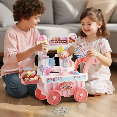 VEVOR Eiswagen, 27-teiliges Zubehör, Eisdiele aus PP, Aufbewahrungswagen mit Spielgeld, Ton- und Lichteffekten, Montessori-Lernspielzeug, Rollenspiel für Kleinkinder ab 3 Jahren (Pink) – Bild 7