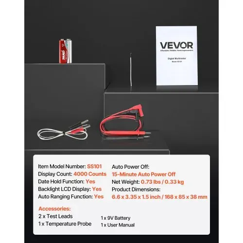 VEVOR Digitalmultimeter, 4000-Count TRMS DC/AC Voltmeter Stromtester, Auto-Ranging-Multimeter für Strom, Spannung, Widerstand, Kapazität, Temperatur, Dioden, Durchgang, Tastverhältnis – Bild 6