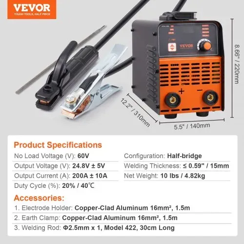 VEVOR Schweißgerät ARC 200A Stab/Lift WIG 2-in-1 Schweißer Elektroden Hot Start – Bild 6