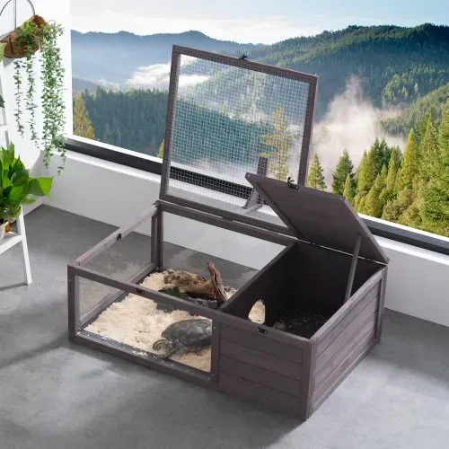 VEVOR Schildkrötenhabitat, Schildkrötenhaus aus Holz für drinnen und draußen, Schildkrötengehege mit hängendem Lichtständer, 2-Zimmer-Reptiliengehege, Kleintierkäfig für Geckos, Eidechsen, Schlangen, 96,5 x 61 x 33 cm – Bild 7