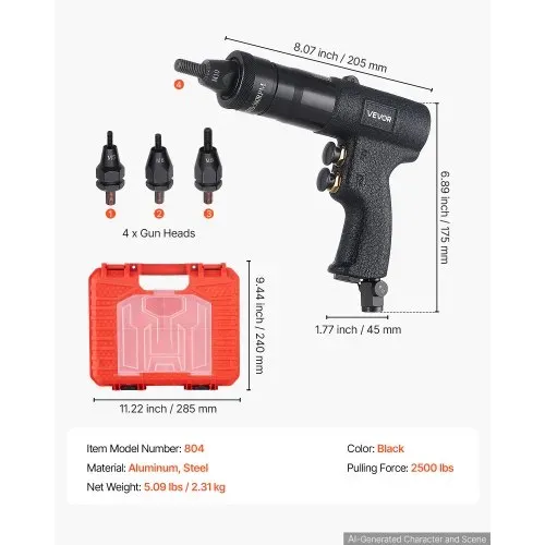 VEVOR Druckluft Nietmutternzange Set mit Metrischen Kopfstück M5 M6 M8 M10, Luftdruck-Nietpistole-Satz für Automobil Industrie Heimwerkerprojekte, 1134kg Zugkraft, Vor- & Rückwärts, Mit 20 Mandrels – Bild 6