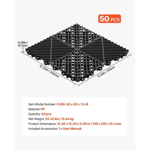VEVOR Ineinandergreifende Drainagematten (50-tlg.) 31 x 31 cm, Garagenbodenfliesen Rutschfeste Klickfliesen aus PP, Modularer Garagenboden für Bad Küche Pool Außenbereich, Selbstentwässernd, Schwarz – Bild 6