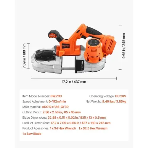VEVOR 20 V Akku Bandsäge, 65 mm Schnitttiefe, mit bürstenlosem Motor, kabelloses & kompaktes Portaband, Aufhängehaken, 0–192 m/min variable Drehzahl, zum Schneiden von Metall, Holz (nur Werkzeug) – Bild 6